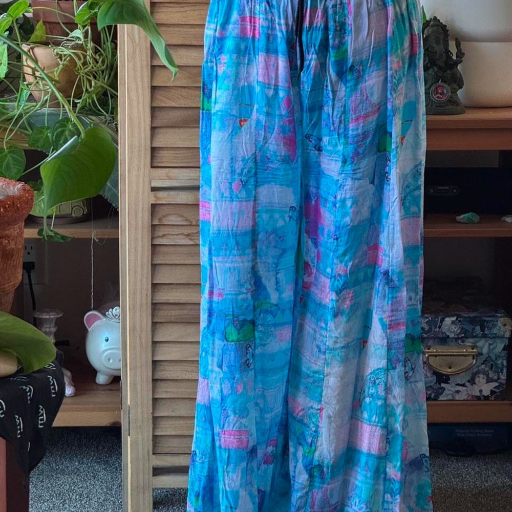 Boho Wide-Leg Printed Palazzo Pants - Blue & Pink